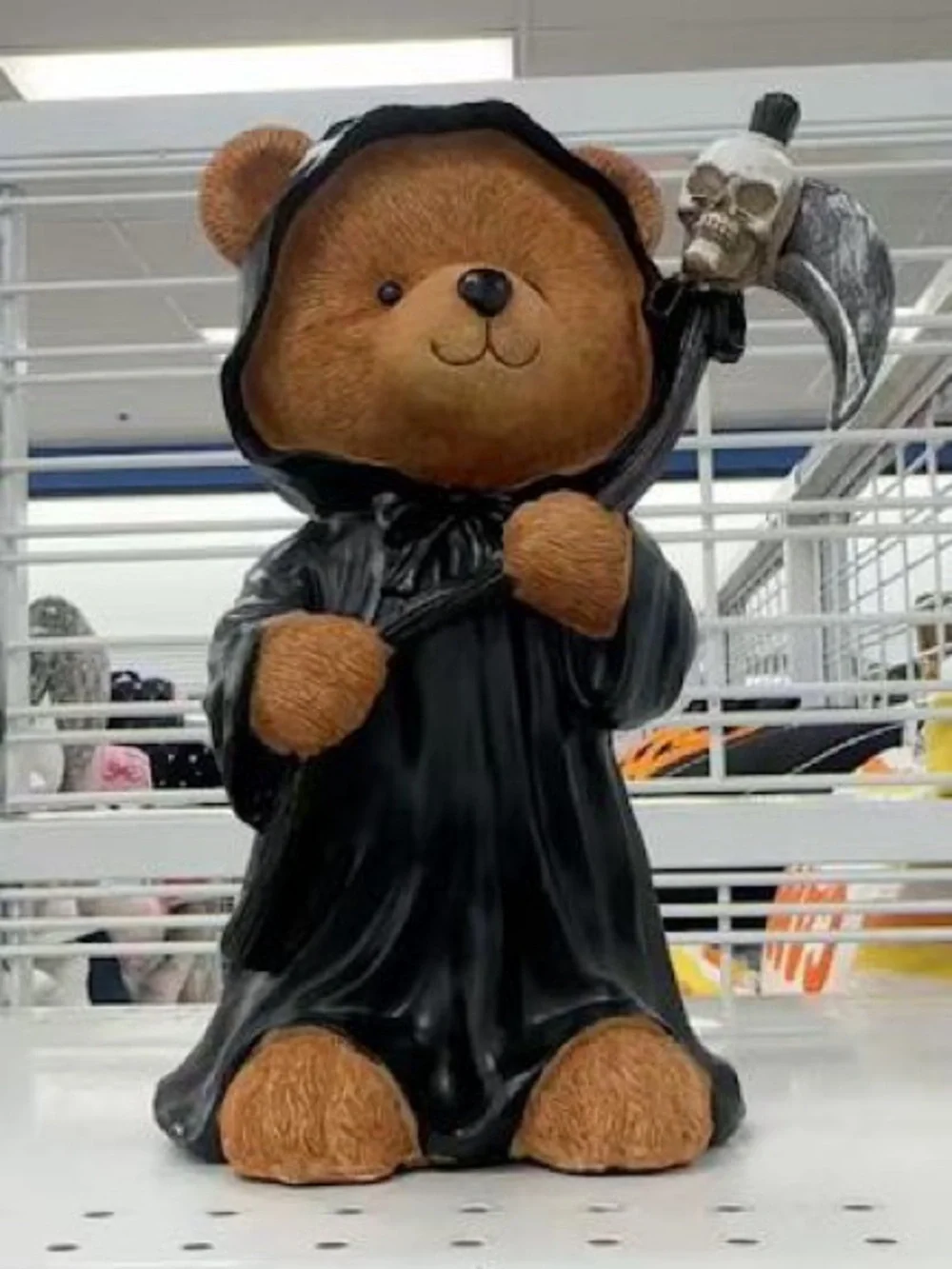 Grim Reaper Teddy Bear Halloween Figurine with Skull Scythe Spooky Gothic Decor